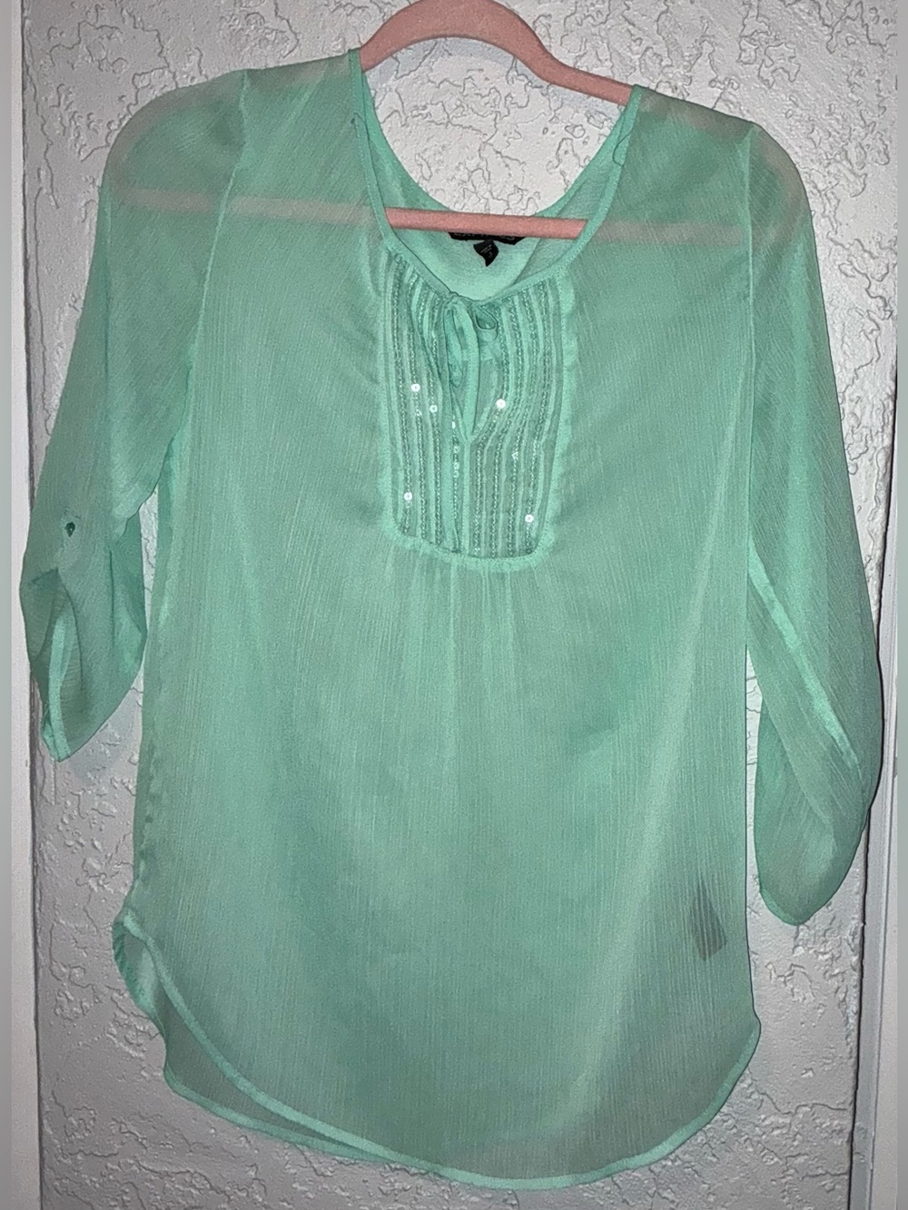 Express Women’s Mint Green Sheer Blouse with Pintuck Front
